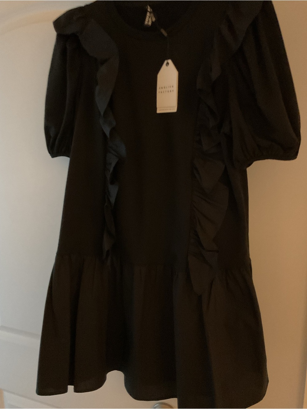 English Factory Black Ruffle Puff-Sleeve Swing Dress